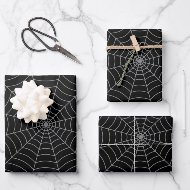 Black grey spider web Halloween pattern Wrapping Paper Sheet (Front)