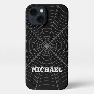 Black grey spider web Halloween pattern Your name iPhone 13 Case