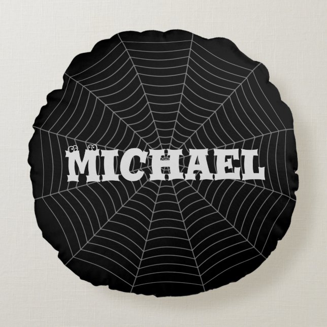 Black grey spider web Halloween pattern Your name Round Cushion (Front)