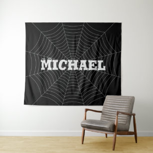 Black grey spider web Halloween pattern Your name Tapestry