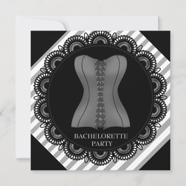 BLACK GREY STRIPE CORSET BACHELORETTE PARTY INVITATION (Front)