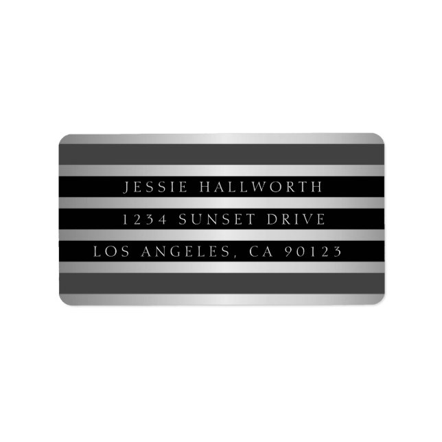 Black Grey Stripes & Faux Silver | Return Address Label (Front)