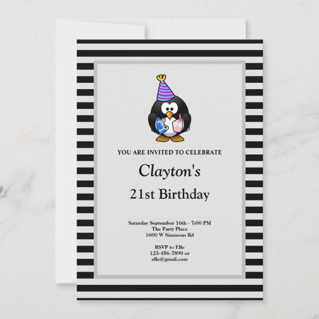 Black/Grey Stripes Framed Birthday Party Invitation (Front)