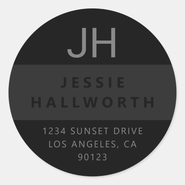 Black & Grey Stylish Modern Monogram Classic Round Sticker (Front)