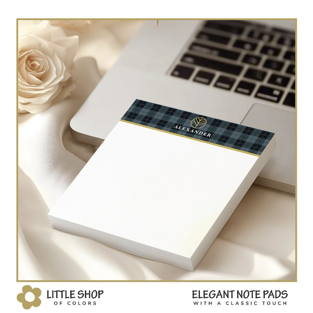 Black Grey Tartan Customisable Gold Logo Monogram Notepad (Creator Uploaded)
