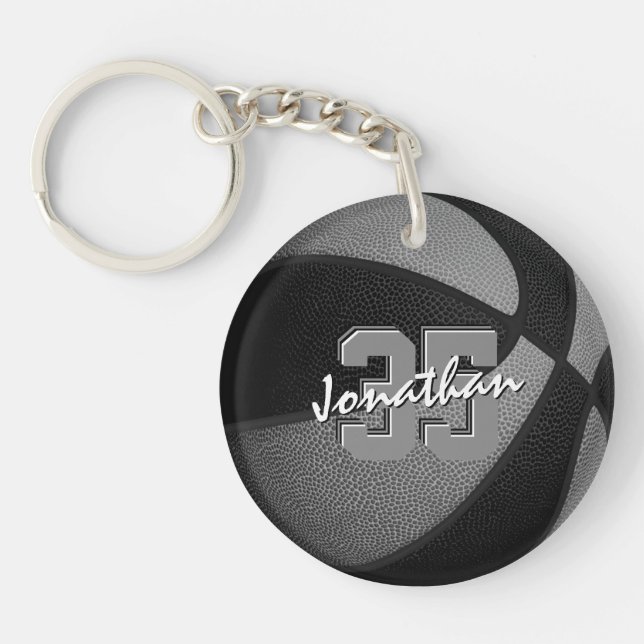 black grey team colours boys girls basketball key ring (Front)