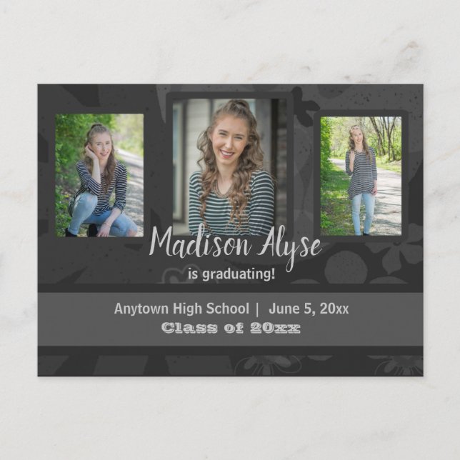 Black / Grey Three Photo Graduation Save the Date Postcard (Front)