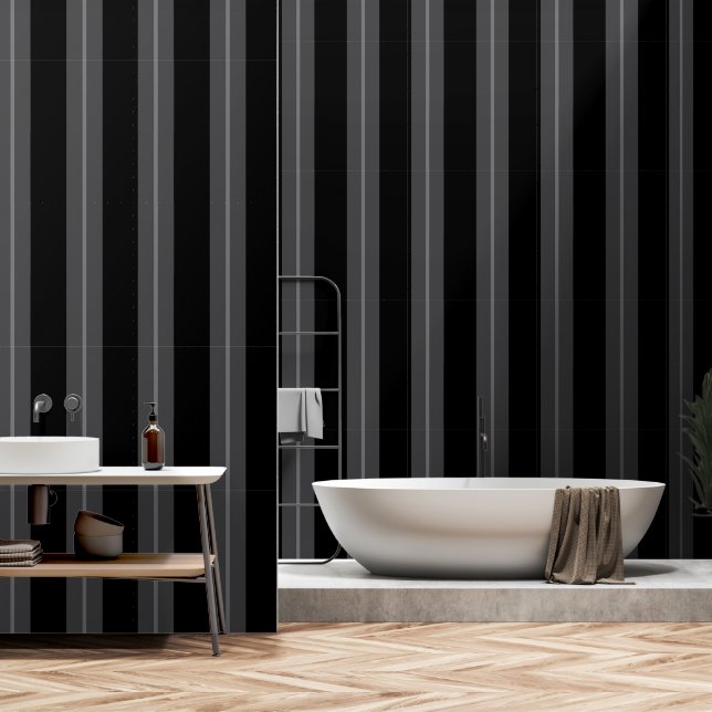 Black Grey Ultra Wide Six Inch Awning Stripe Wallpaper (Bathroom)