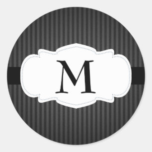 Black & Grey Vertical Stripes Monogram Classic Round Sticker