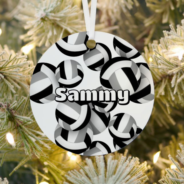 black grey volleyballs w athlete name keepsake metal tree decoration (Insitu)
