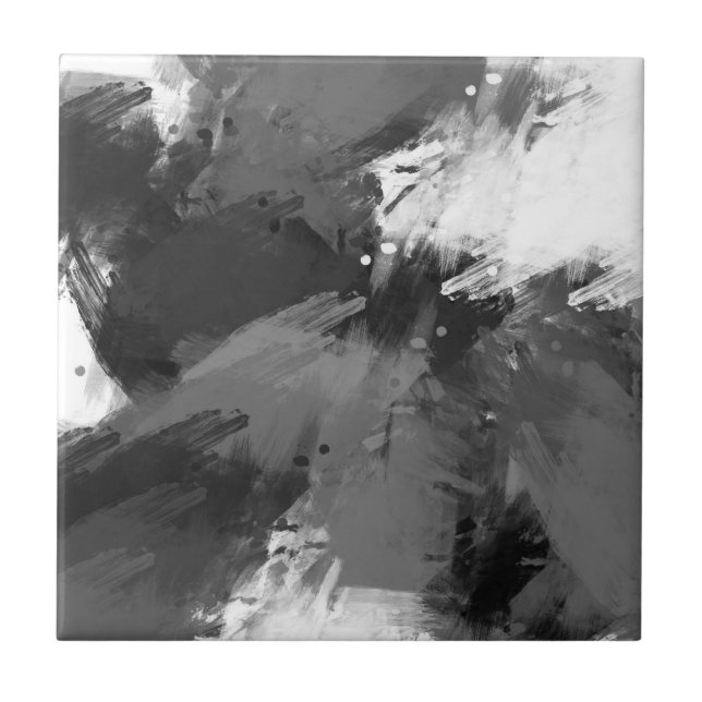 Black Grey White Abstract Modern Brushstrokes  Tile (Front)