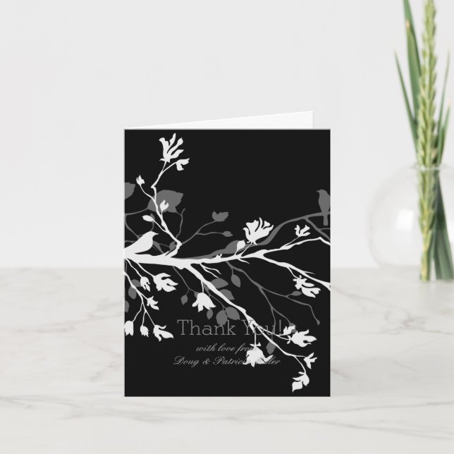 Black Grey White Bird Branches Thank You Card (Front)