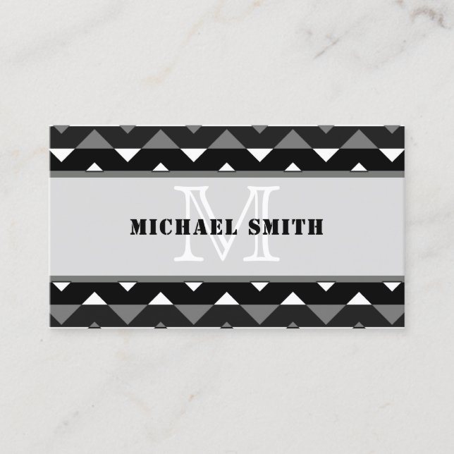 Black Grey White Chevron Zigzag Monogram Business Card (Front)