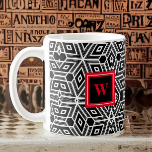 Black Grey White Cubism Neo Geo with Red Monogram  Coffee Mug