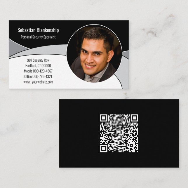 Black, Grey & White Custom Photo & QR Code Business Card (Front/Back)