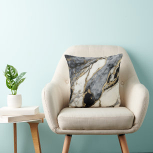 Black Grey White Gold Marble Swirl Abstract  Cushion