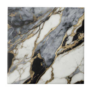 Black Grey White Gold Marble Swirl Abstract  Tile
