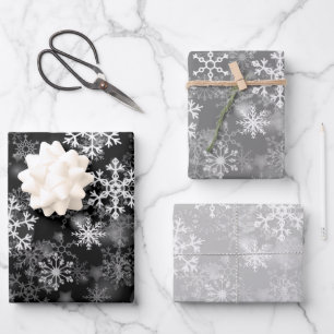 Black Grey White Monochrome Snowflake Christmas Wrapping Paper Sheet