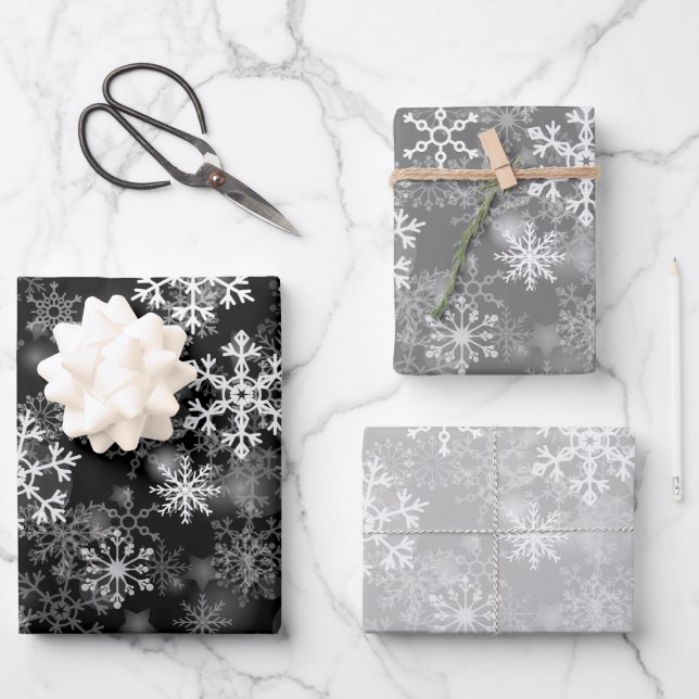 Black Grey White Monochrome Snowflake Christmas Wrapping Paper Sheet (Front)