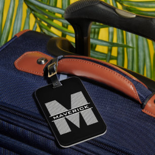Black Grey White Monogram Name Modern Masculine Luggage Tag