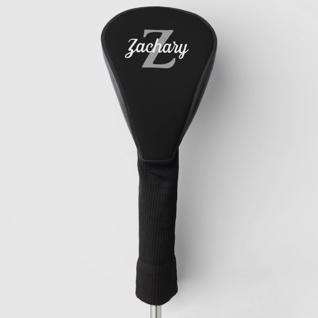 Black Grey White Monogram Personalised Golf Head Cover (Front)