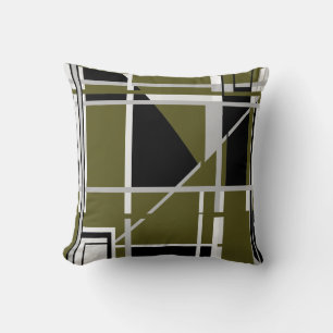 Black Grey White on Dark Olive Abstract Labyrinth Cushion