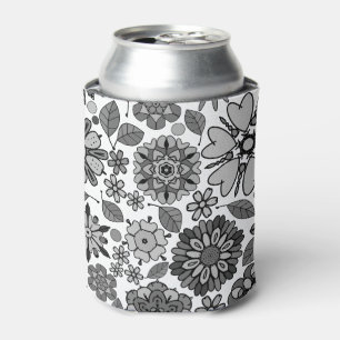 Black Grey White Retro Floral Art Seamless Pattern Can Cooler