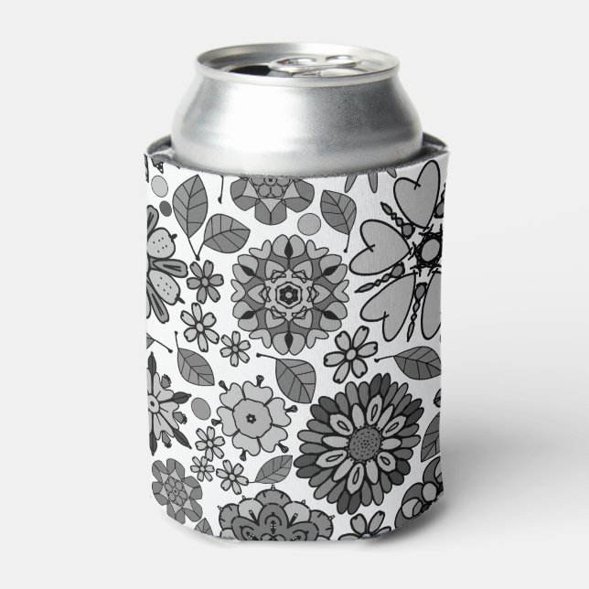 Black Grey White Retro Floral Art Seamless Pattern Can Cooler (Can Front)