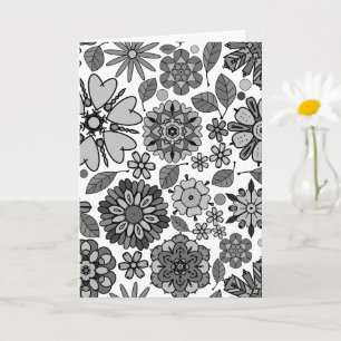 Black Grey White Retro Floral Art Seamless Pattern Card