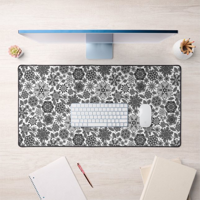 Black Grey White Retro Floral Art Seamless Pattern Desk Mat (Office 1)