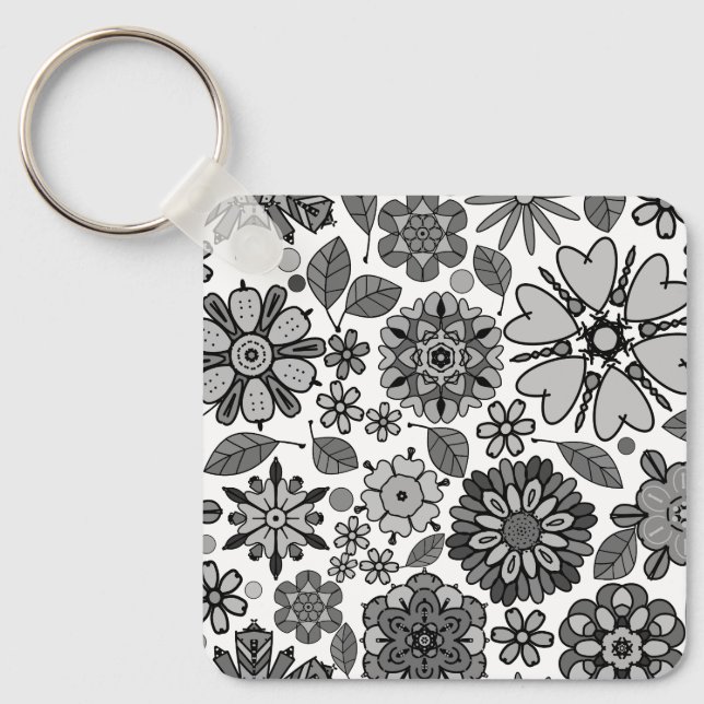 Black Grey White Retro Floral Art Seamless Pattern Key Ring (Front)