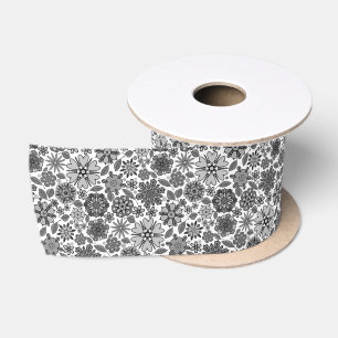 Black Grey White Retro Floral Art Seamless Pattern Satin Ribbon