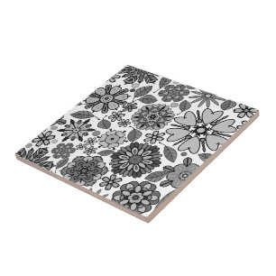 Black Grey White Retro Floral Art Seamless Pattern Tile