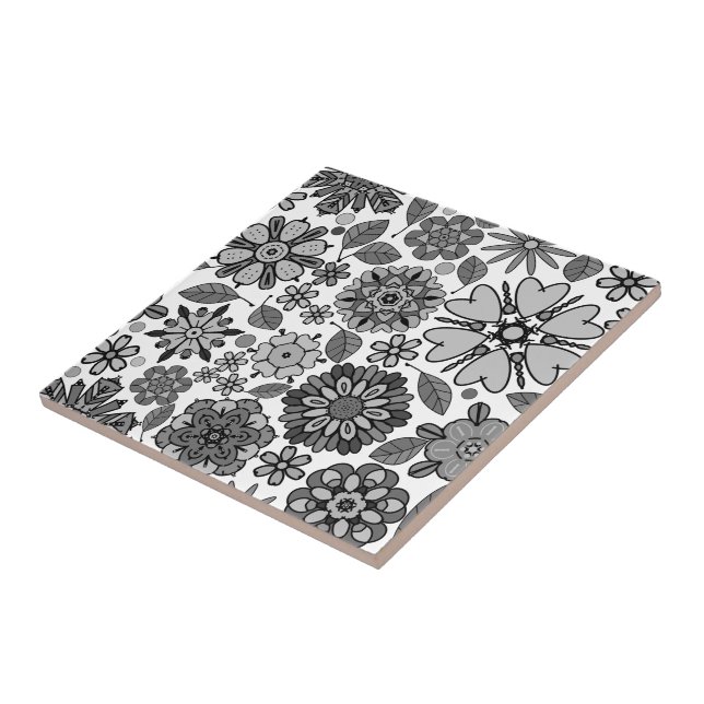 Black Grey White Retro Floral Art Seamless Pattern Tile (Side)
