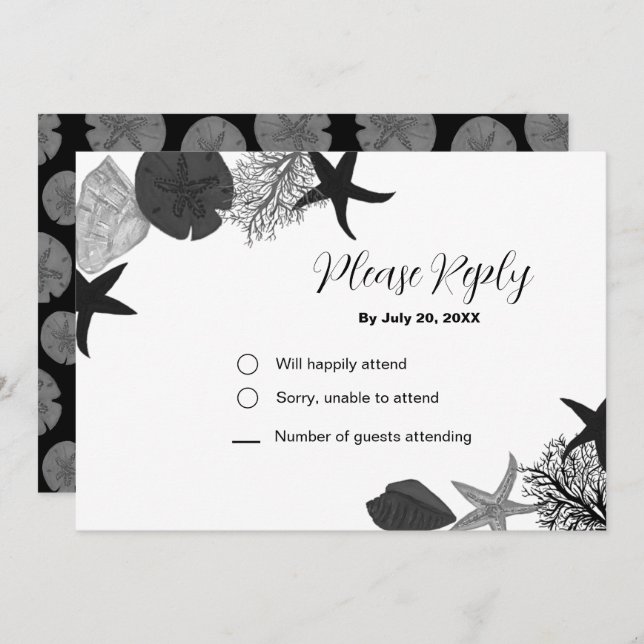 Black-grey-white seashell casual RSVP card (Front/Back)