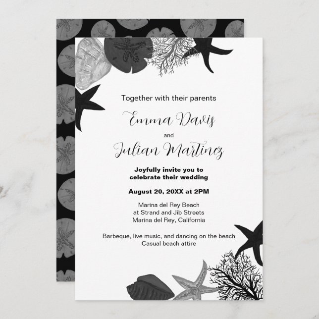 Black-grey-white seashell casual wedding  invitation (Front/Back)