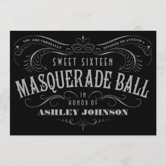 Black, Grey & White Sweet 16 Masquerade Invitation