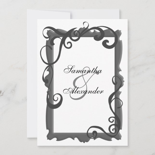 Black/Grey White Swirl Frame Wedding Invitations (Front)