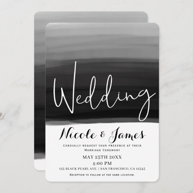 Black Grey White Watercolor Modern Glam Wedding Invitation (Front/Back)