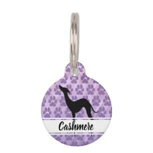 Black greyhound silhouette paw prints pattern Name Pet Tag