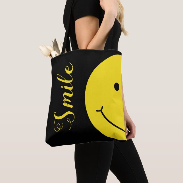 Black Grinning Smile Yellow Face Typography Tote Bag (Close Up)