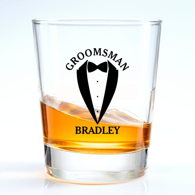Black Groomsman Name Wedding Bachelor Party Shot Glass (groomsman shot glass, black suit bowtie)
