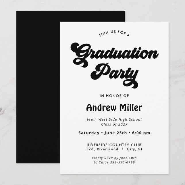 Black Groovy retro Graduation Party Invitation (Front/Back)