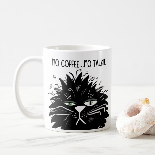 Black Grumpy Cat No Coffee No Talkie Funny Mug (With Donut)