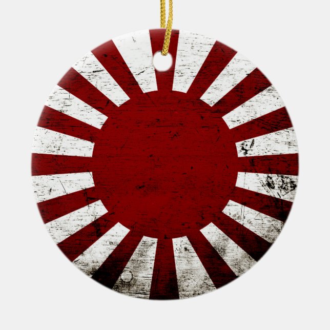 Black Grunge Japan Rising Sun Flag Ceramic Tree Decoration (Front)