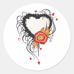 Black Grunge Style Heart and Flower Classic Round Sticker