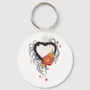 Black Grunge Style Heart and Flower Key Ring