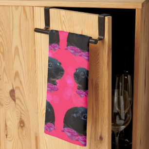 Black Guinea Pigs On Pretty Pink Roses Tea Towel