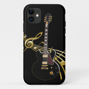 Black Guitar on Golden Music Score iPhone Case