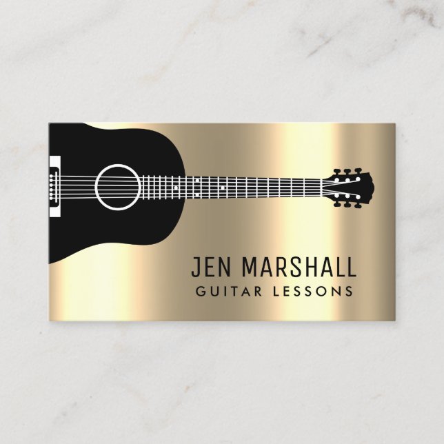 black guitar silhouette on faux gold foil business card (Front)
